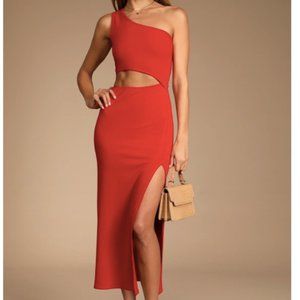 Red Ribbed One-Shoulder Cutout Midi Dress